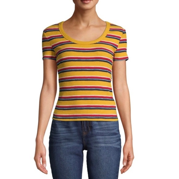 No Boundaries Tops - 👕 Ribbed Short Sleeve Striped Scoop Neck Top 👕